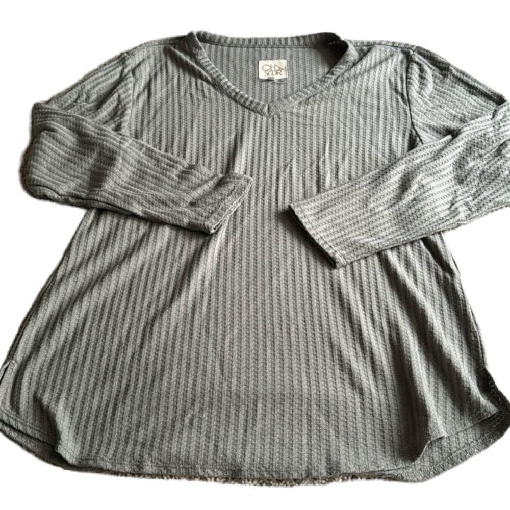Chaser Women's Olive Green Waffle Knit Top V-Neck Long Sleeve Size XL EUC Soft